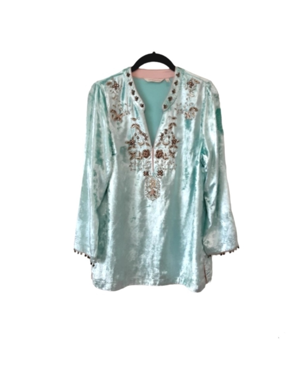 Soft Surroundings Moroccan Velvet Tunic Aqua Blue Top with Pink Trim S